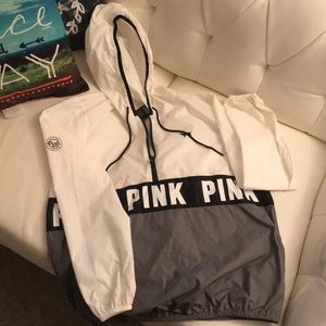 White and Grey PINK pullover rain jacket with hood